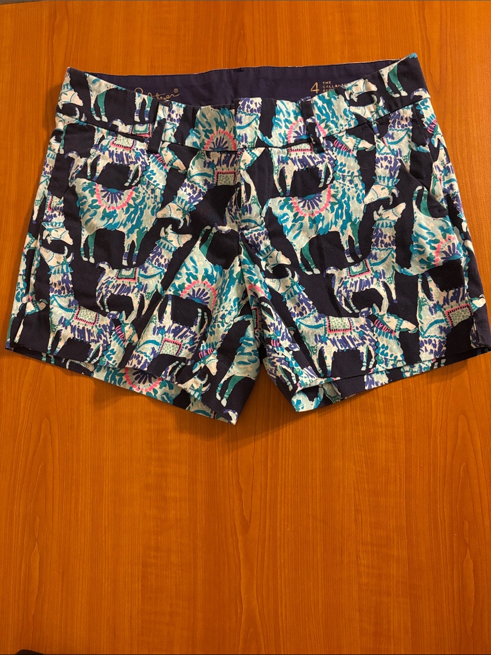 Lilly Pulitzer Navy Shorts with Teal & White Llama Print